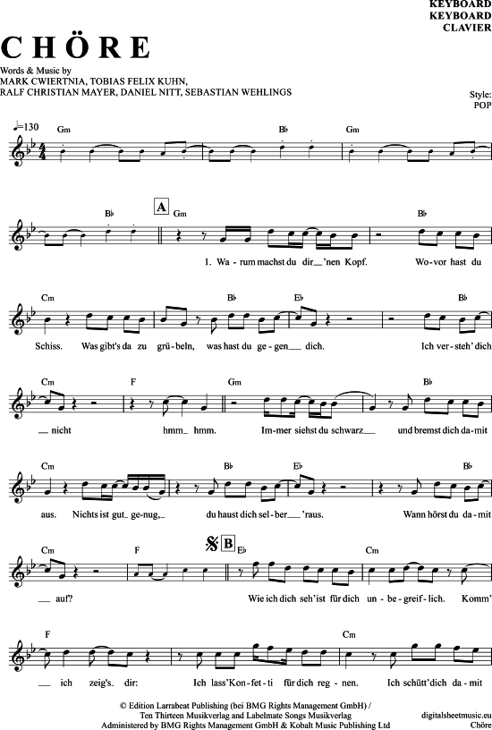 Chöre Keyboard - PDF Noten von Mark Forster in G Moll - 7060443