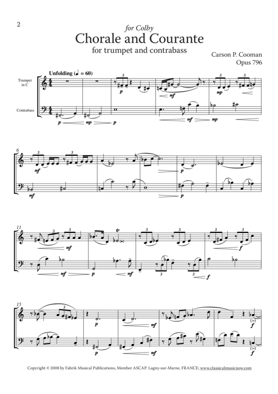 Chorale and Courante (Trompete + Kontrabass) (Duett (2 St.)) von Carson P. Cooman