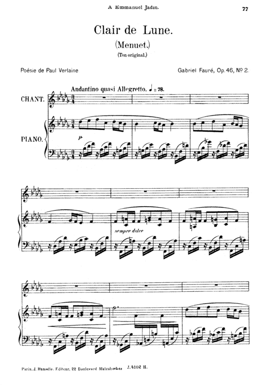 Clair de lune Op.46 No.2 (Gesang mittel + Klavier) (Klavier  Gesang mittel) von Gabriel Faur 