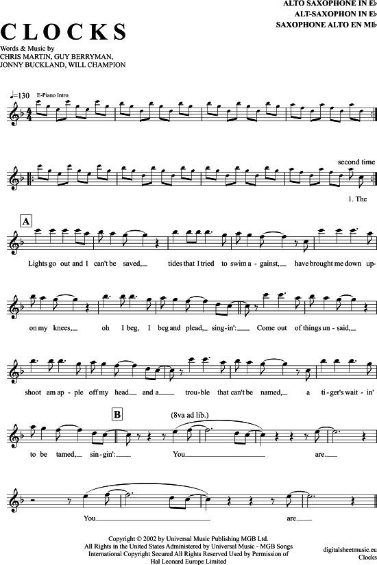 Clocks AltSax PDF Noten von Coldplay in D Moll 7111342