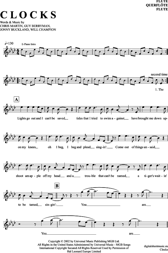 Clocks Querflöte PDF Noten von Coldplay in F Moll 7030669