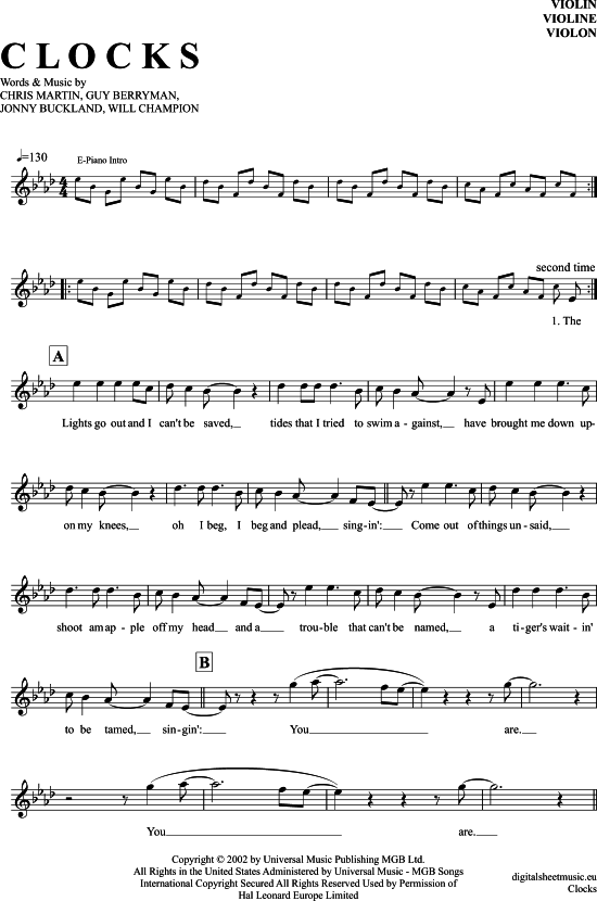 Clocks Violine PDF Noten von Coldplay in F Moll 7131285