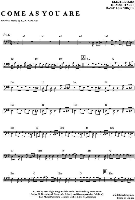 Come as you are EBass PDF Noten von Nirvana in Fis Moll 7140070