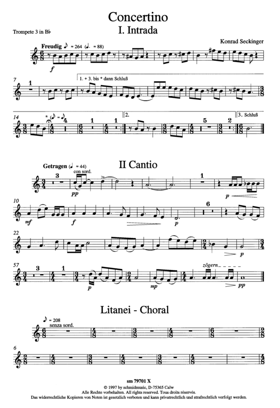 Concertino (Blechbl auml serquintett + Orgel) Trompete 3 in B (Quintett (Blech Brass)) von Konrad Seckinger (3 S auml tze)