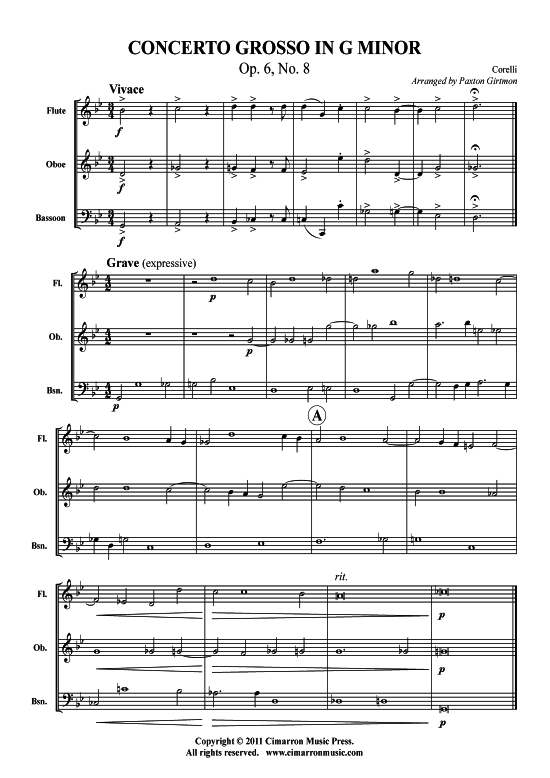 Concerto Grosso in G-Moll (Querfl ouml te Oboe Fagott) (Trio (Holzbl ser)) von Arcangelo Corelli (Op. 6 Nr. 8)