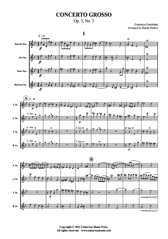 Concerto Grosso Op. 3 Nr. 3 (Saxophon-Quartett SATB) (Quartett (Saxophon)) von Francesco Geminiani 