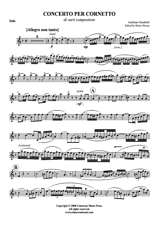 Concerto per Cornetto (Kornett + Klavier) (Klavier  Kornett) von Amilcare Ponchielli (op. 198 Partitura N. 184 )