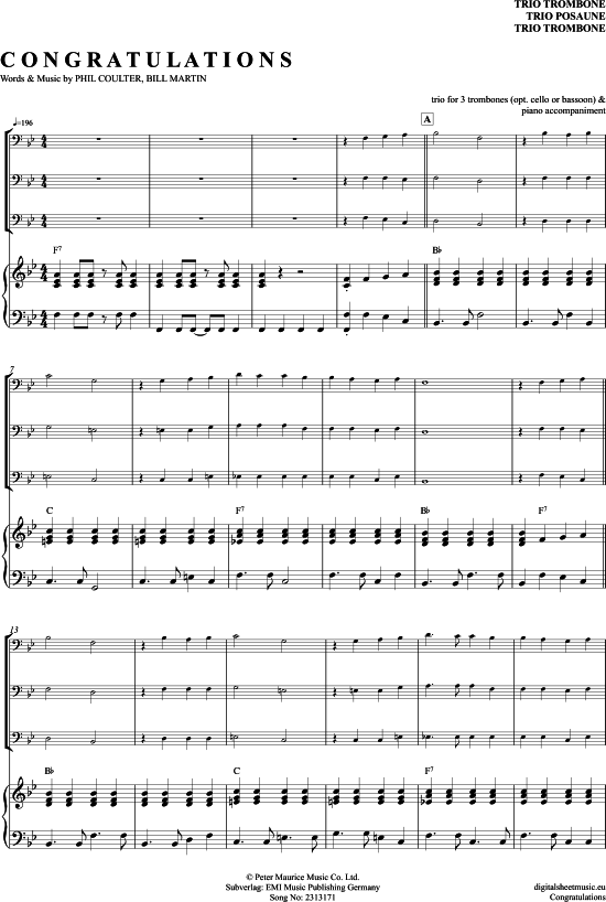 Congratulations (Posaunen Trio + Klavier) (Trio (Posaune)) von Cliff Richard