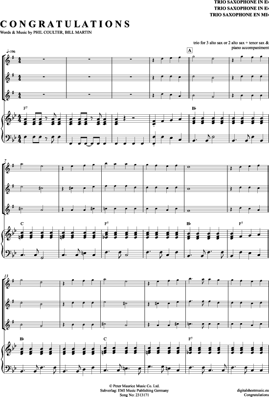 Congratulations (Saxophon Trio AAA(T) + Klavier) (Trio (Saxophon)) von Cliff Richard