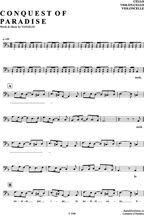 Conquest Of Paradise (Violon-Cello) (Violoncello) von Vangelis