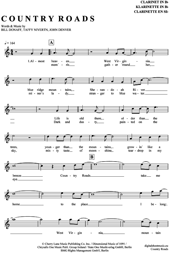 Country Roads (Klarinette in B) (Klarinette) von John Denver