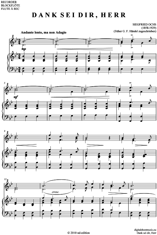 Dank sei dir Herr (Blockfl te + Klavier) (Klavier  Blockfl te) von Siegfried Ochs (1858-1929)  fr her H ndel zugeschrieben