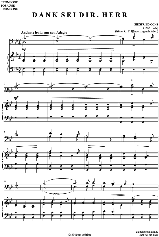 Dank sei dir Herr (Posaune + Klavier) (Klavier  Posaune) von Siegfried Ochs (1858-1929)  fr her H ndel zugeschrieben