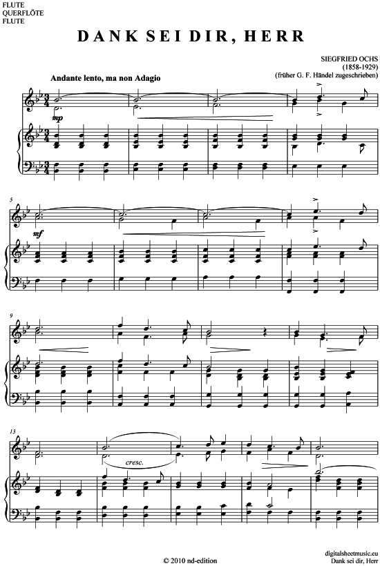 Dank sei dir Herr (Querfl te + Klavier) (Klavier  Querfl te) von Siegfried Ochs (1858-1929)  fr her H ndel zugeschrieben