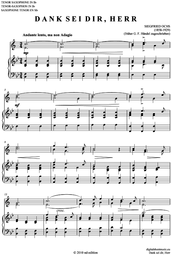 Dank sei dir Herr (Tenor-Sax + Klavier) (Klavier  Tenor Saxophon) von Siegfried Ochs (1858-1929)  fr her H ndel zugeschrieben