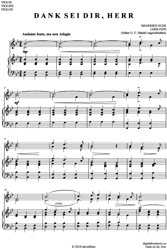 Dank sei dir Herr (Violine + Klavier) (Klavier  Violine) von Siegfried Ochs (1858-1929)  fr her H ndel zugeschrieben