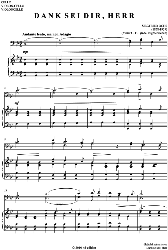 Dank sei dir Herr (Violon-Cello + Klavier) (Klavier  Violoncello) von Siegfried Ochs (1858-1929)  fr her H ndel zugeschrieben