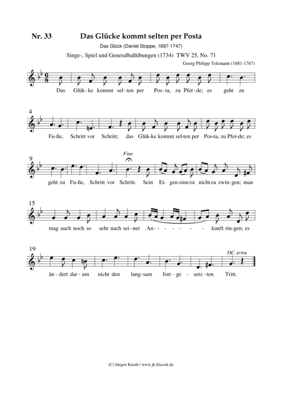 Das Gl cke kommt selten per Posta (Das Gl ck) TWV 25 Nr. 33 (Gesang + Klavier Orgel Cembalo) (Klavier  Gesang) von Georg Philipp Telemann