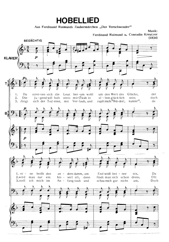 Das Hobellied (M auml nnerchor + Klavier) (M nnerchor Klavier) von Conradin Kreutzer  Raimund Ferdinant (aus Der Verschwender)