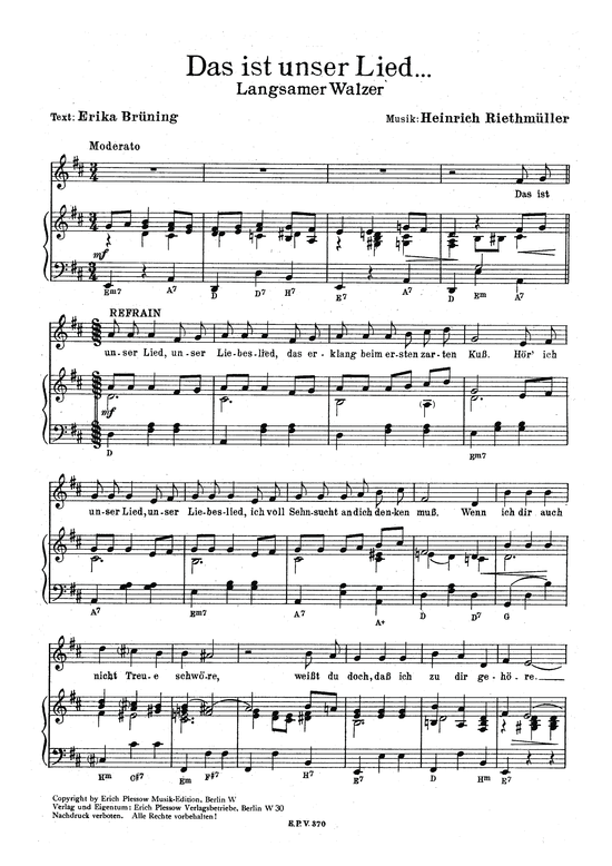 Das ist unser Lied Klavier + Gesang PDF Noten von Langsamer Walzer in D Dur 9783841856159
