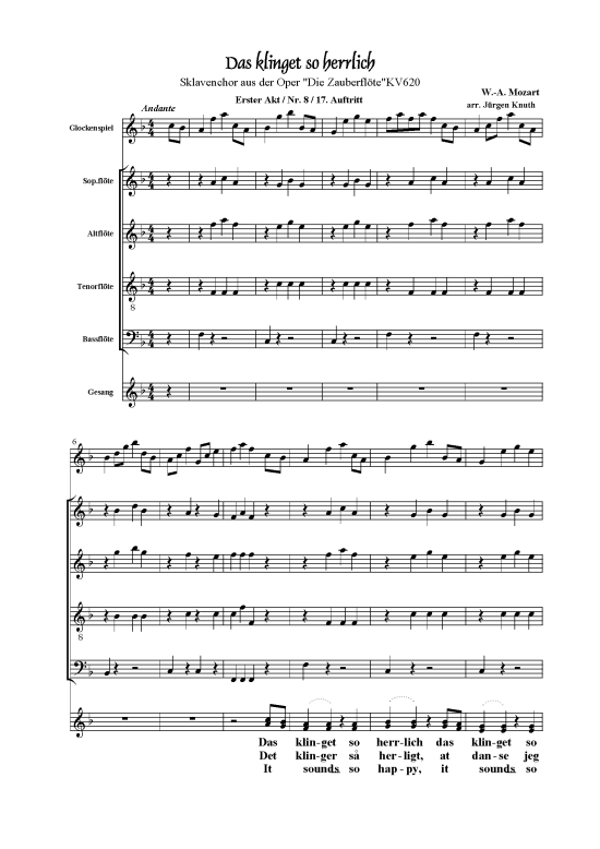 Das klinget so herrlich (Fl ten-Quartett + Gesang) (Quartett (Fl te)) von W.-A. Mozart  arr. J rgen Knuth