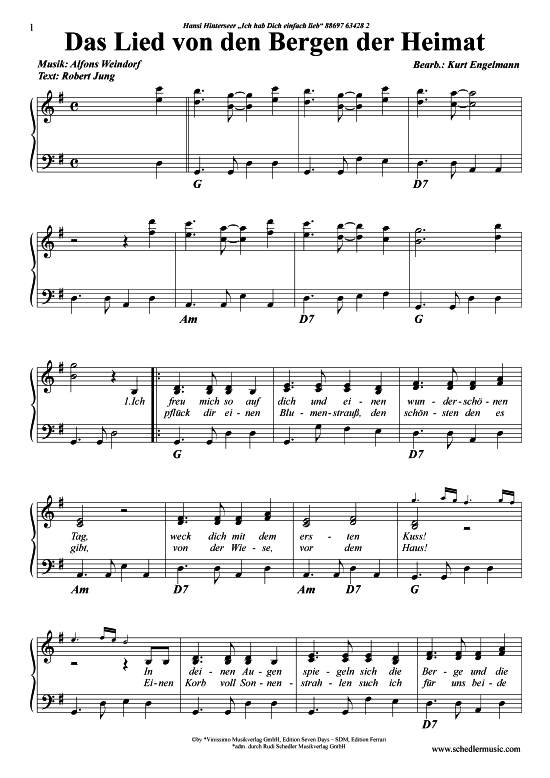 Das Lied von den Bergen der Heimat (Klavier + Gesang) (Klavier Gesang  Gitarre) von Hansi Hinterseer