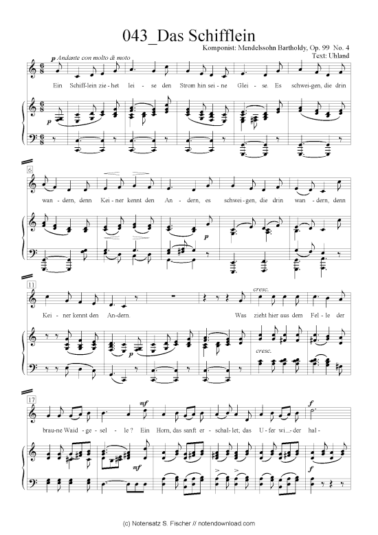 Das Schifflein (Klavier + Gesang) (Klavier  Gesang) von Felix Mendelssohn Bartholdy (1809-1947)