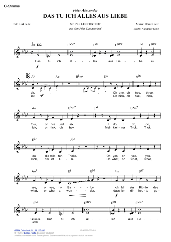 Das tu ich alles aus Liebe (Melodie-Stimmen in C B Es) (Stimmen in C B Es) von Peter Alexander
