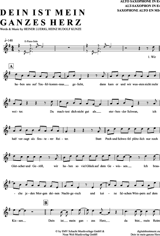 Dein Ist Mein Ganzes Herz AltSax PDF Noten von Heinz Rudolf Kunze in