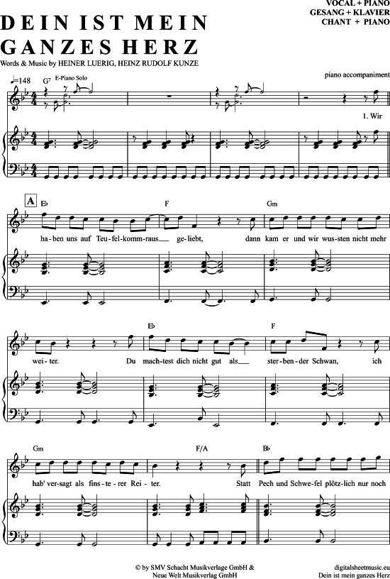 Dein Ist Mein Ganzes Herz Klavier Begleitung + Gesang - PDF Noten von