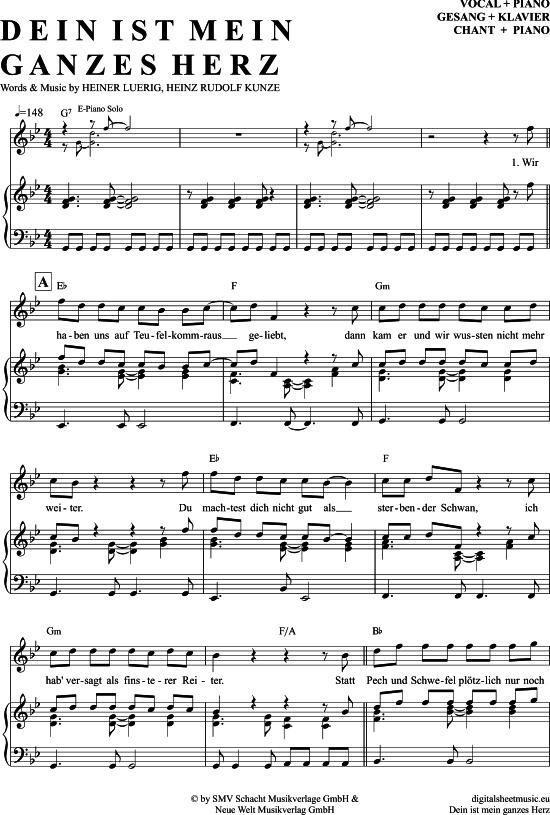 Dein Ist Mein Ganzes Herz Klavier + Gesang PDF Noten von Heinz Rudolf