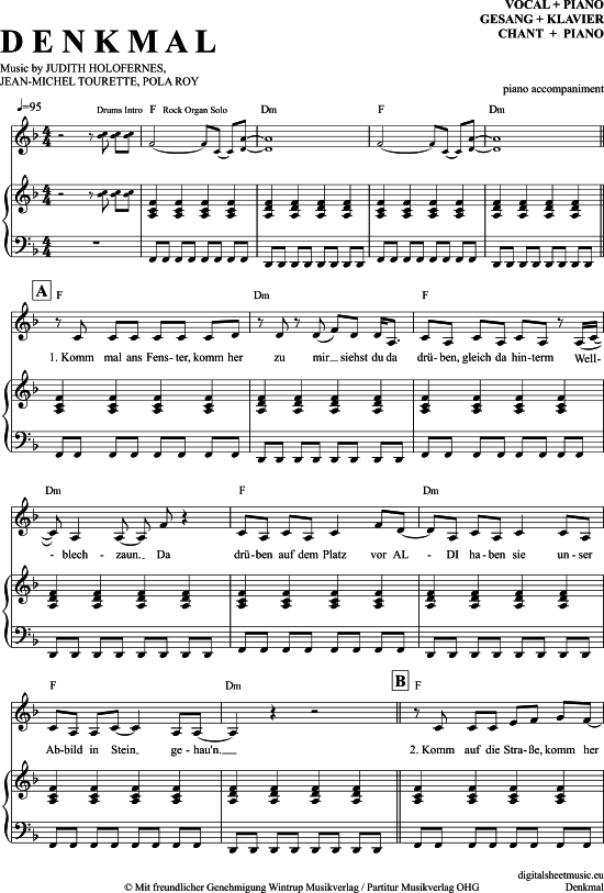Denkmal Klavier Begleitung + Gesang PDF Noten von Wir Sind Helden in F Dur 7070980