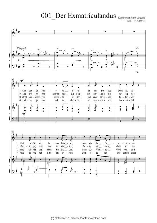 Der Exmatriculandus (Klavier + Gesang) (Klavier  Gesang) von ohne Angabe  W. Gabriel
