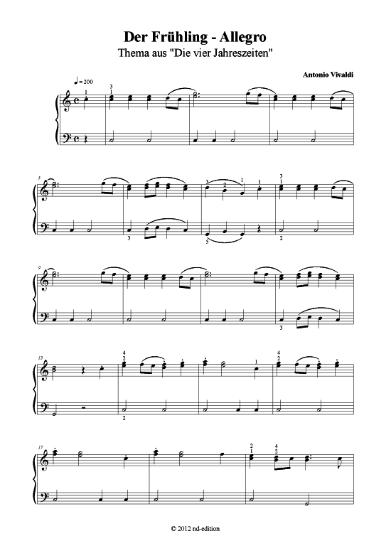Der Frühling Klavier solo einfach - PDF Noten von Antonio Vivaldi Thema