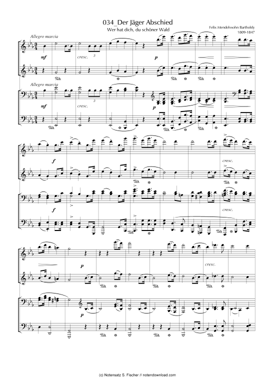 Der J ger Abschied Wer hat dich du sch ner Wald (Klavier vierh ndig) (Klavier vierh ndig) von Felix Mendelssohn Bartholdy 1809-1847 