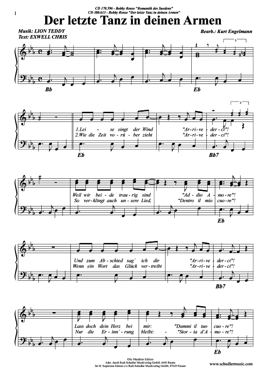 Der letzte Tanz in deinen Armen (Klavier + Gesang) (Klavier Gesang  Gitarre) von Bobby Rosso 