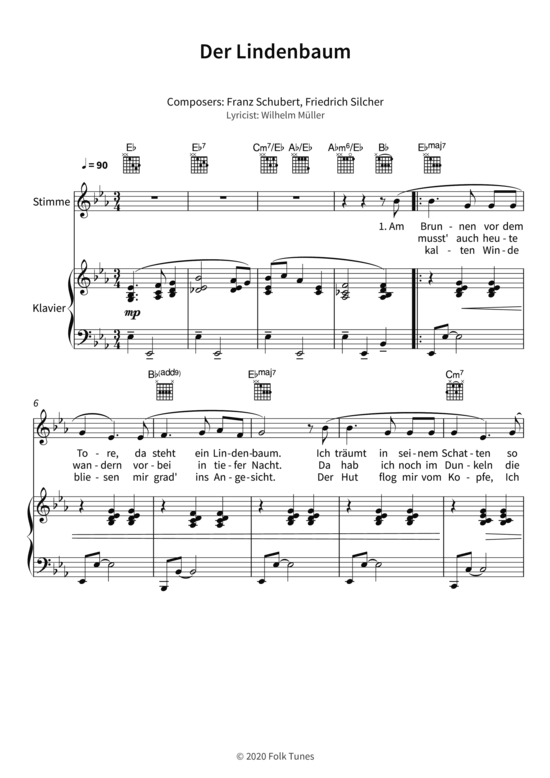 Der Lindenbaum Am Brunnen vor dem Tore Gesang + Klavier, Gitarre PDF Noten von Friedrich Franz