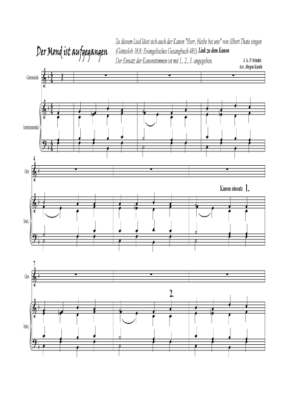 Der Mond ist aufgegangen (Gemischter Chor + Gemeinde) (Gemischter Chor) von J. A. P. Schultz (Satz J rgen Knuth)