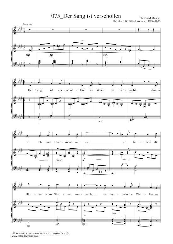 Der Sang ist verschollen (Klavier + Gesang) (Klavier  Gesang) von Bernhard Willibald Sommer (1846-1935)