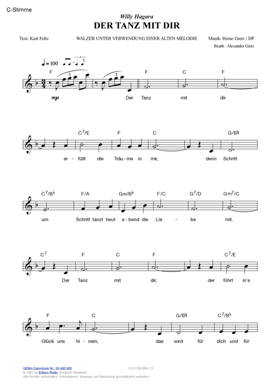 Der Tanz mit dir (Melodie-Stimmen in C B Es) (Stimmen in C B Es) von Willy Hagara