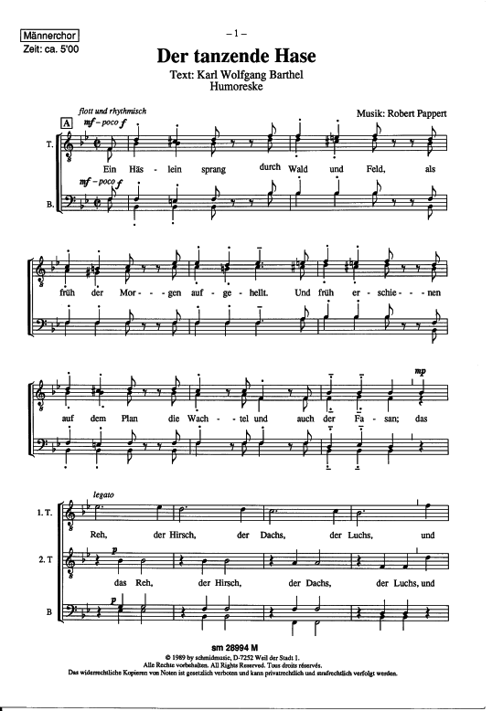 Der tanzende Hase (M auml nnerchor) (M nnerchor) von Robert Pappert