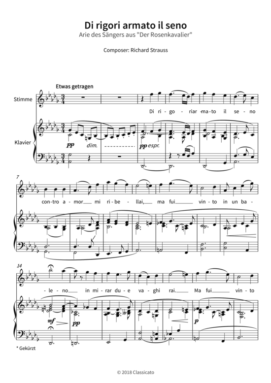 Di rigori armato il seno - Arie des S auml ngers aus Der Rosenkavalier (Gesang + Klavier) (Klavier  Gesang) von Richard Strauss