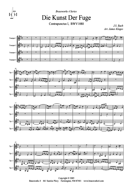 Die Kunst Der Fuge Contrapunctus I BWV1080 (4x Trompeten) (Quartett (Trompete)) von J. S. Bach