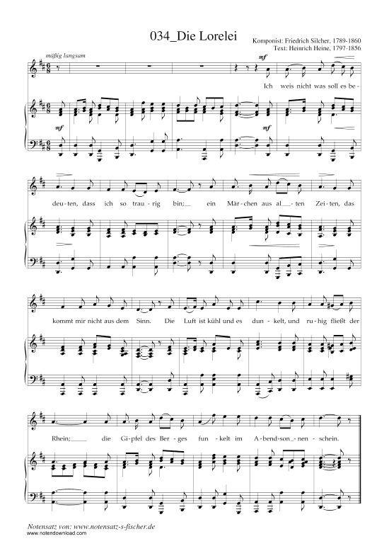 Die Lorelei (Klavier + Gesang) (Klavier  Gesang) von Friedrich Silcher (1789-1860)
