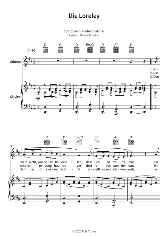 Die Loreley Ich weiß nicht, was soll es bedeuten Gesang + Klavier, Gitarre PDF Noten von in D
