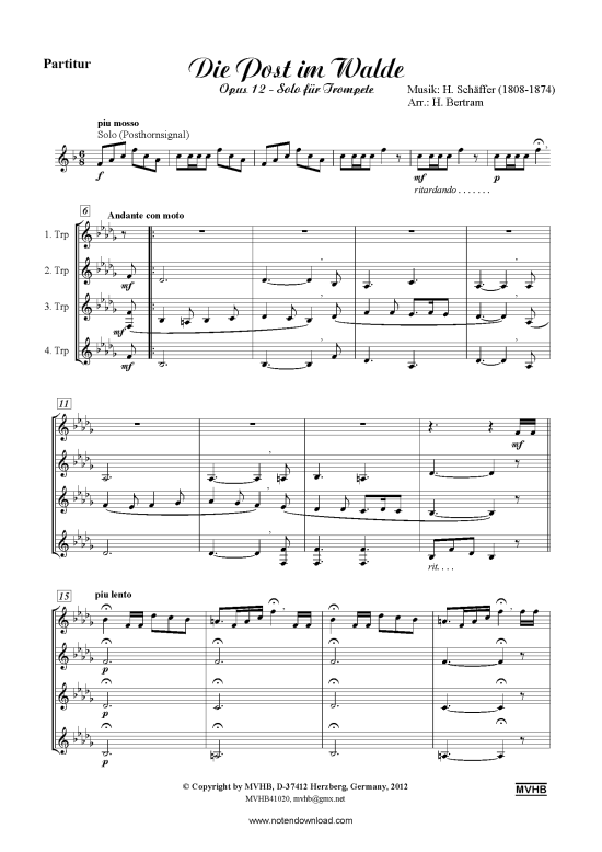 Die Post im Walde (Trompeten-Quartett) (Quartett (Trompete)) von Heinrich Sch auml ffer