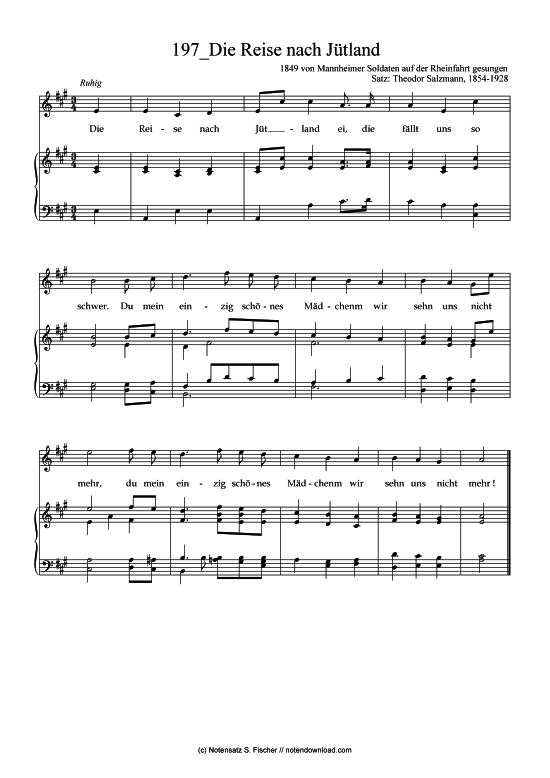 Die Reise nach J tland (Klavier + Gesang) (Klavier  Gesang) von 1849 von Mannheimer Soldaten auf der Rheinfahrt gesungen Satz Theodor Salzmann 1854-1928 