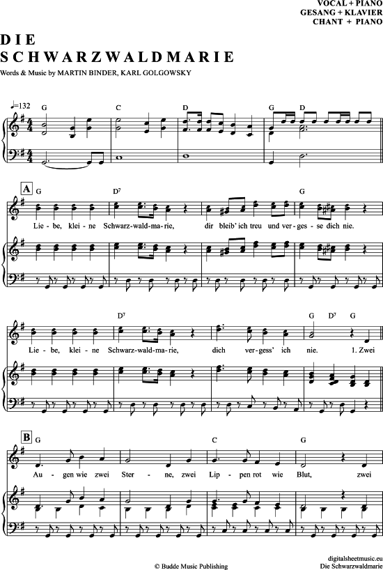 Die Schwarzwaldmarie (Klavier + Gesang) (Klavier Gesang  Gitarre) von Die Dorfrocker