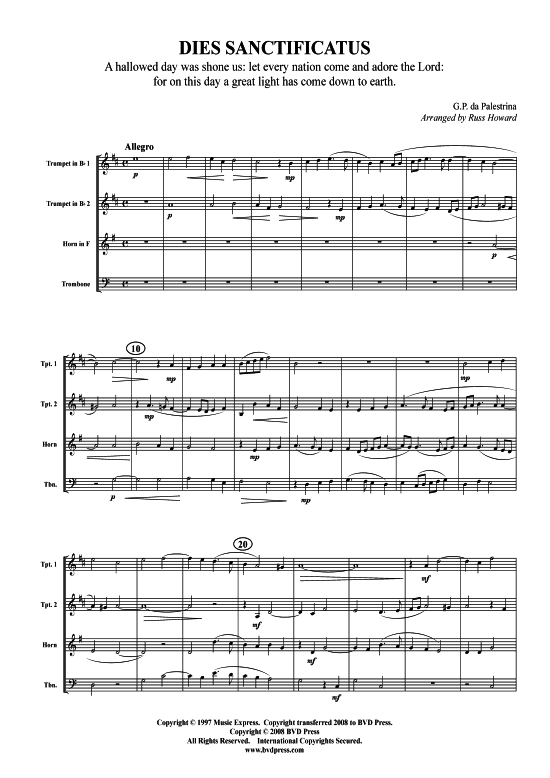 Dies Sanctificatus (2xTromp in B Horn in F (Pos) Pos) (Quartett (Blech Brass)) von G.P. da Palestrina