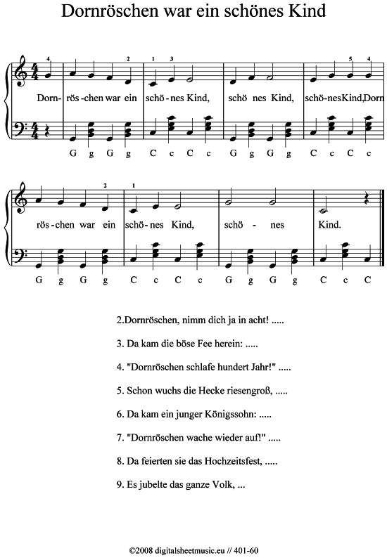 Dornröschen war ein schönes Kind Akkordeon - PDF Noten von Volkslied